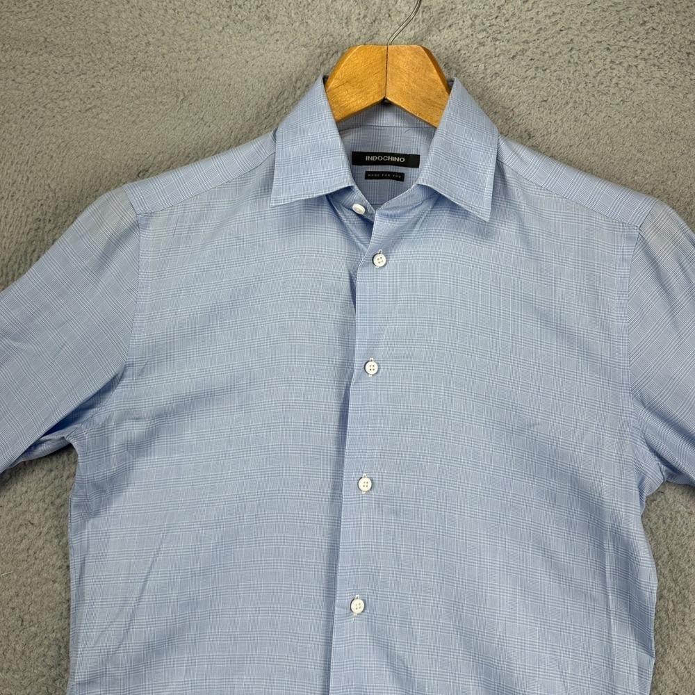 Indochino Adult Mens Button Up Shirt Small Light Blue Glen Check Long Sleeve